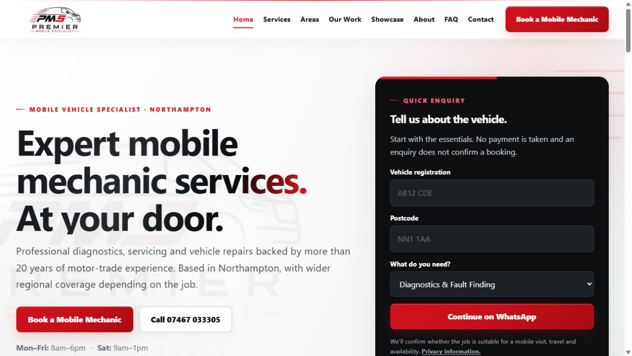 Homepage design for Premier Mobile Specialist